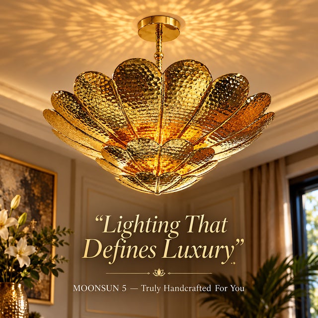 Handmade Brass Flower Ceiling Light, 3 Tier Hammered Floral Chandelier, Art Deco Lotus Semi Flush Mount, Luxury Brass Ceiling Fixture 28 Inches For Sale - Image 12 of 15