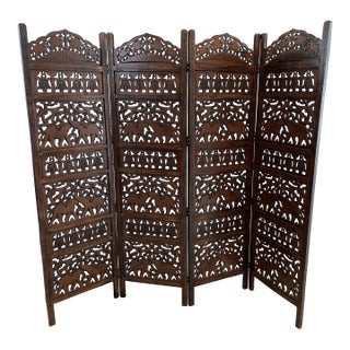 Vintage Southeast Asian Hand-Carved Wooden Room Divider Screen With Elephant Motif For Sale