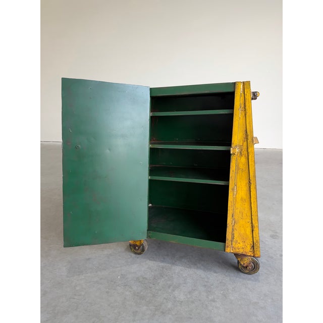 Metal Vintage Industrial Yellow Metal Rolling Cabinet Cart For Sale - Image 7 of 12