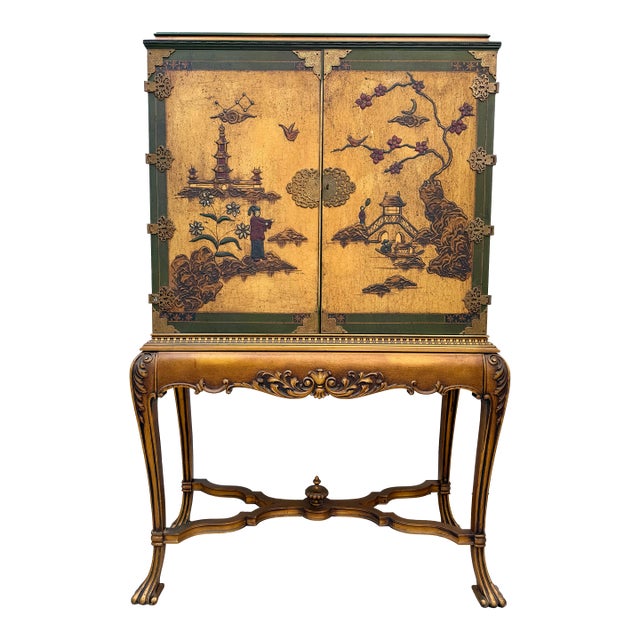 Mid-Century Chinoiserie Scenic Two-Door Cabinet With Ornate Brass Hardware For Sale