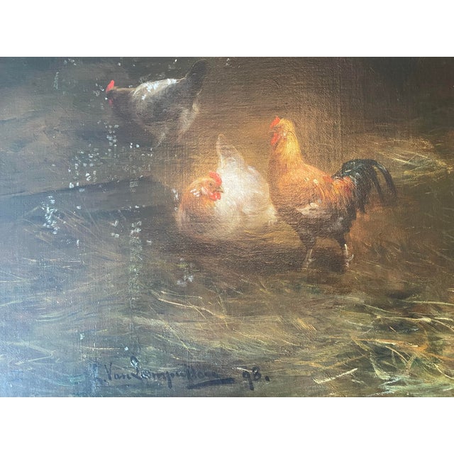Antique 19th Century Belgian Oil Painting on Canvas. Signed L. Van Leemputten. Well Executed Chicken scene. Well desired...