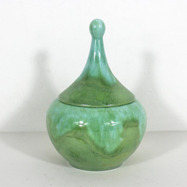 Mid Century Modern, delicate ceramic dome topped trinket box. The glaze is a lovely dripping aqua blue and turquoise...