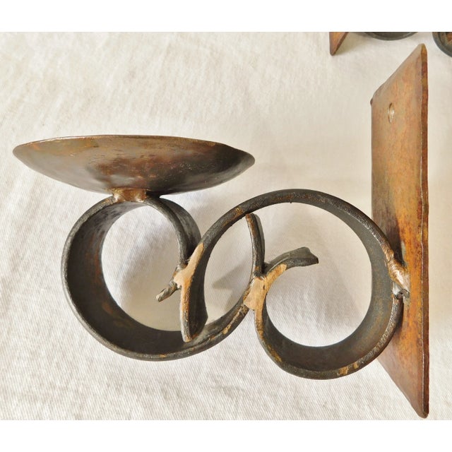 Pair Antique French Black & Gold Scroll Wrought Iron Candle Holder Wall Sconces For Sale - Image 9 of 12