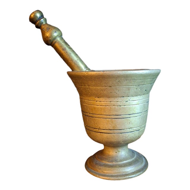18th Century Heavy Cast Brass Lathe-Turned Mortar and Pestle For Sale