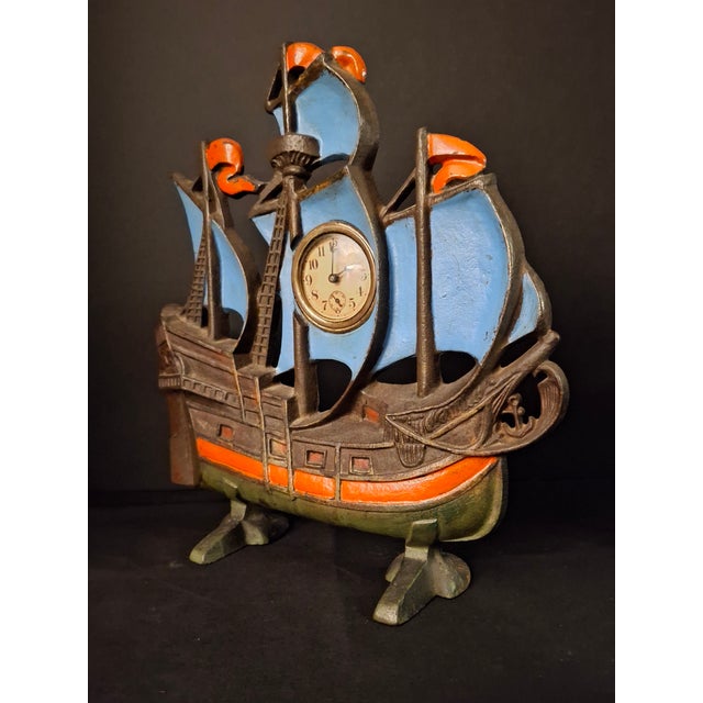 Antique Cast Iron Ship Mantel Clock Connecticut Foundry Waterbury Movement 1920s For Sale - Image 4 of 18