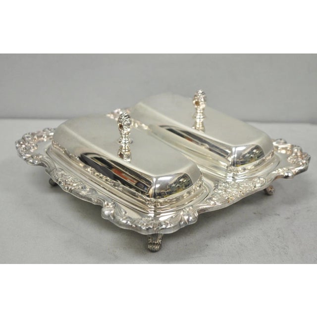 Vintage Poole Lancaster Rose Victorian Silver Plated Twin Covered Double Butter Dish with Glass Liners. Circa Mid 20th...
