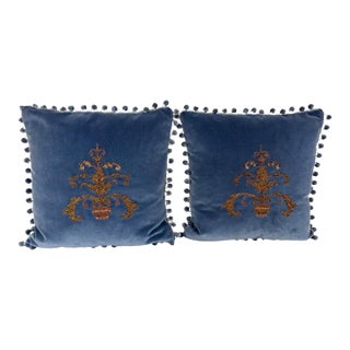 Pair 19th Century French Metallic Applique - Hand-Embroidered Velvet Pillows For Sale