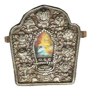 Early 20th C Tibetan Silver Gau Traveling Shrine Box With Fabric Case For Sale