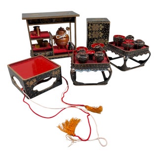 Vintage Tsugaru-Nuri Hina Lacquer Accessories, 1960s, Set of 5 For Sale