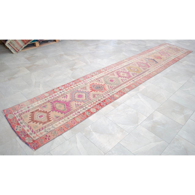 Textile Kurdish Herki Hand-Knotted Distressed Runner Rug Low Pile Extra Long Hallway Decor - 3x15 Ft Approx For Sale - Image 7 of 16
