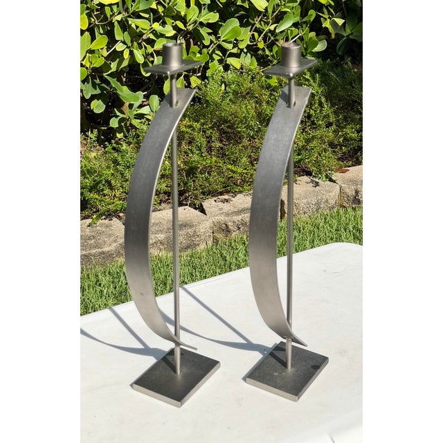 Rick Martin Signed Modernist Welded Steel Candleholders, 2003, Pair For Sale - Image 4 of 12