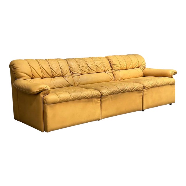 Yellow Leather Lounge Sofa from Laauser, 1970s For Sale