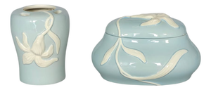 Posy Vase and Lidded Bowl with Applied White Relief Flowers from Seyei Fine China, Japan, 1970, Set of 2