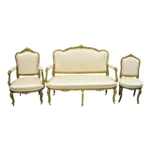 19th Century French Louis XV Style Gold Giltwood Parlor Salon Sofa Suite - Set of 3