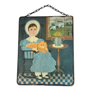 Vintage Americana Folk Art Woman With Orange Cat Wood Wall Plaque For Sale