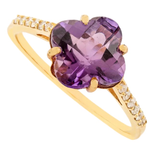 VRJewels 14k Yellow Gold Clover Amethyst Diamond Cocktail Ring Size 5.5 For Sale