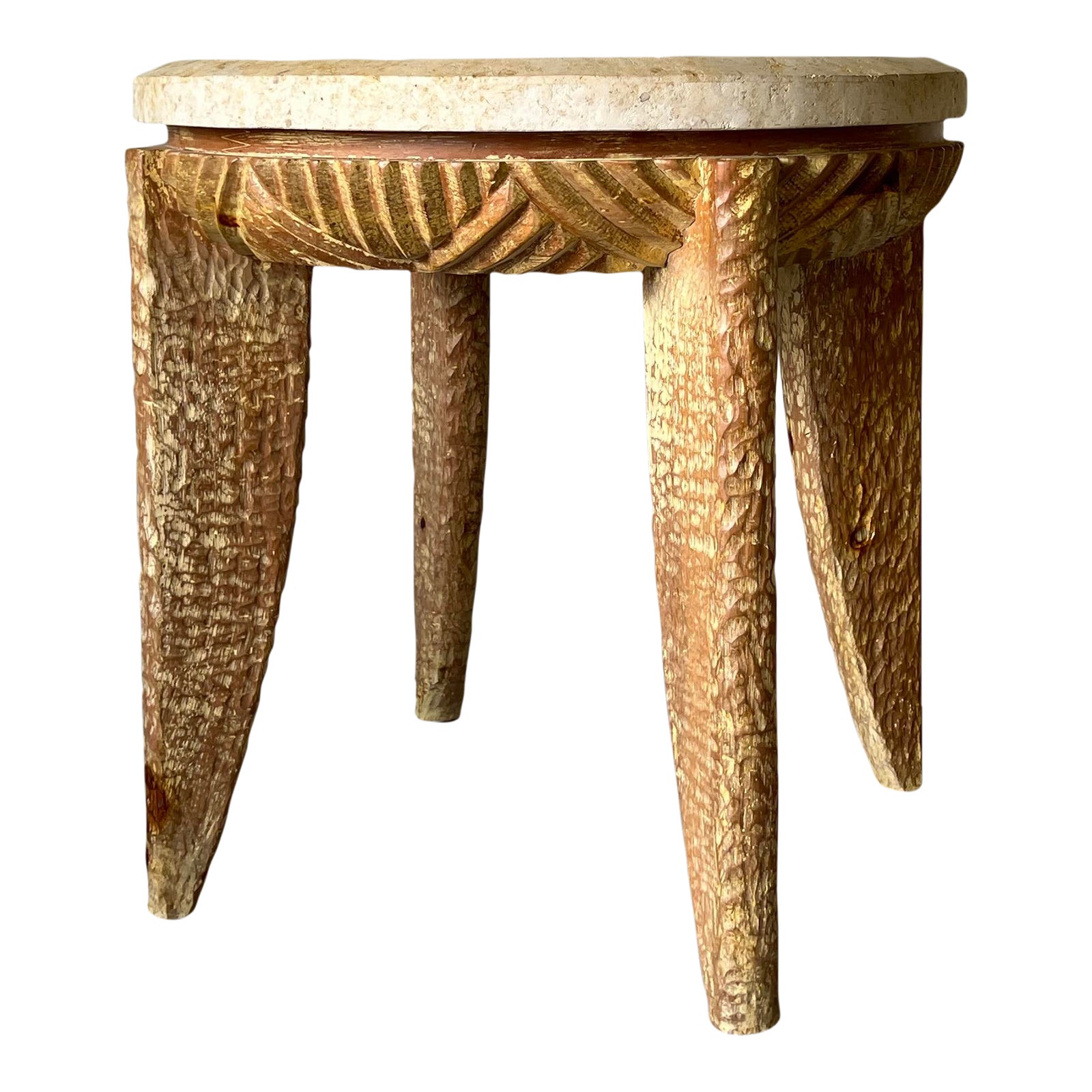 Henredon Cerused Carved Pine Wood Side Table W/ Faux Coral Stone Top