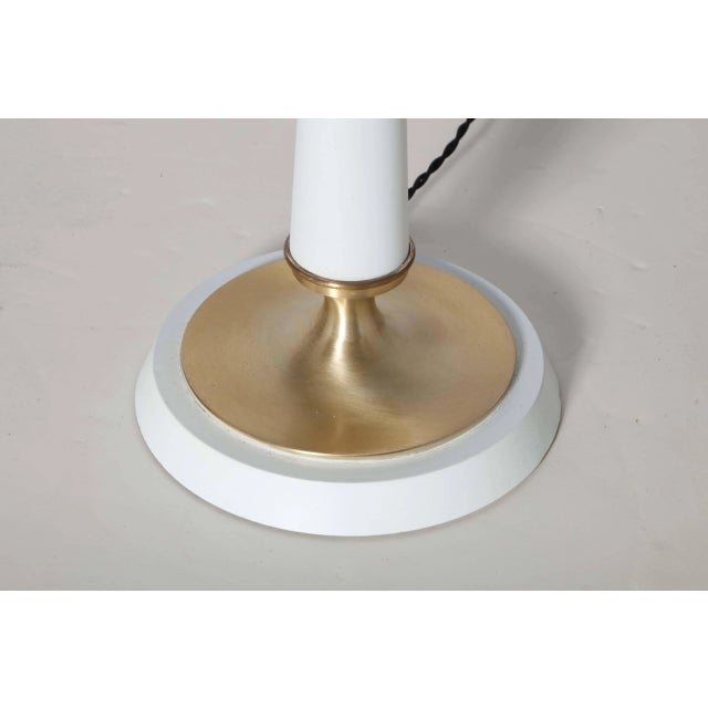 Mid-Century Modern 1950s Gerald Thurston White Triple Candlestick Lamp With Black & White Stripe Shade For Sale - Image 3 of 11