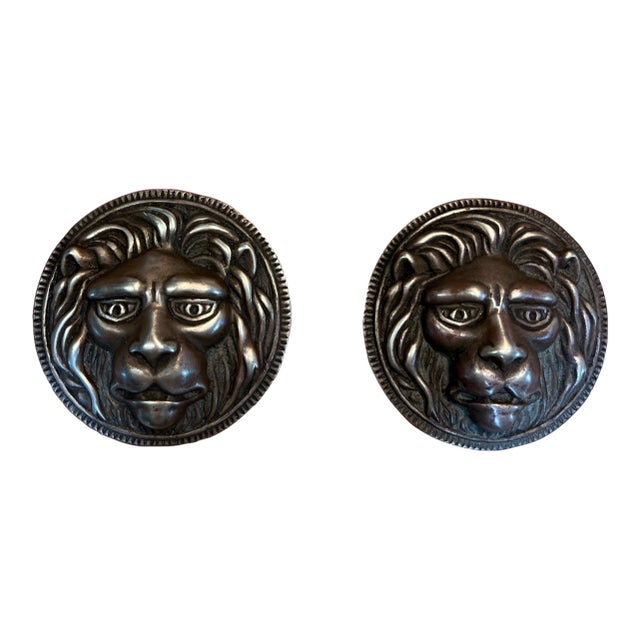 Pair of Vintage Cast Bronze Lion Head Paperweights For Sale