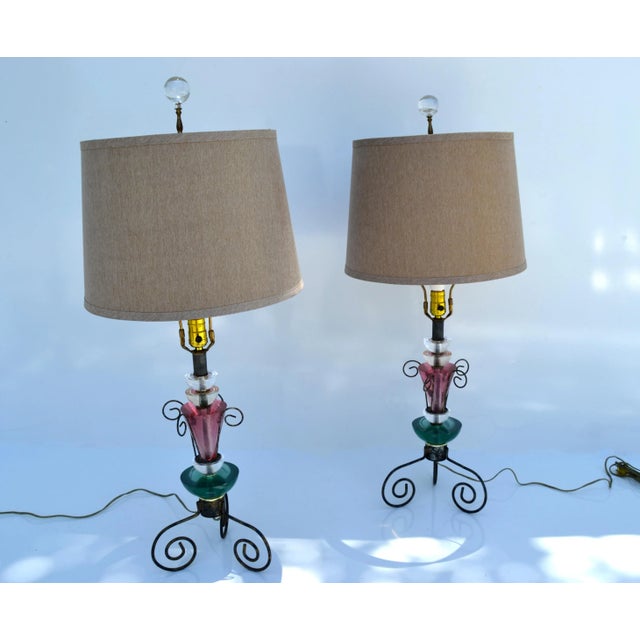 Van Teal Set, Van Teal Green & Pink Lucite Table Lamps Gold Shades Mid-Century Modern 70 For Sale - Image 4 of 13