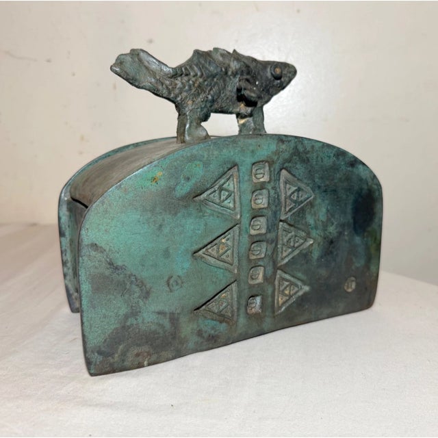Share Large Antique Patinated Bronze Modernist Sculpture Figural Fish Dresser Box For Sale - Image 9 of 16