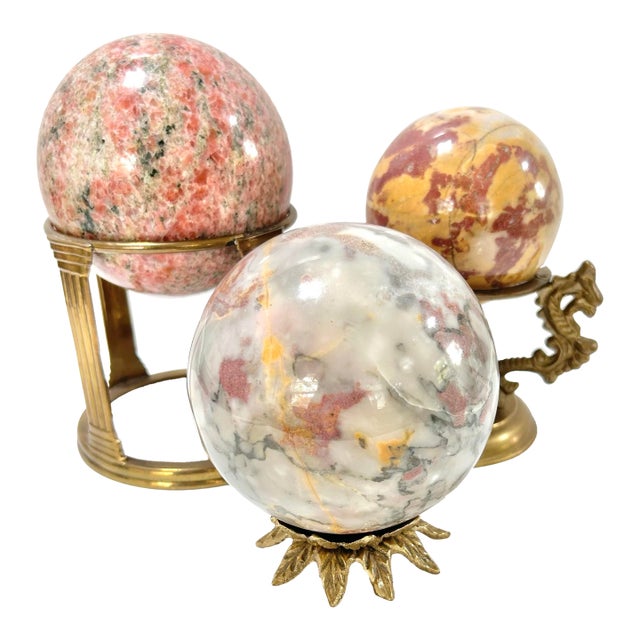Vintage Marble Stone Spheres Balls on Brass Pedestal - Set of 3 For Sale