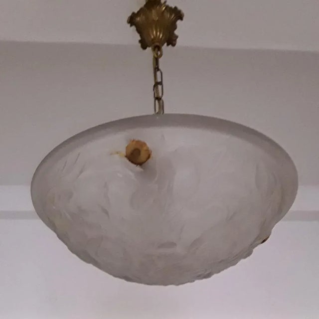 French Art Deco Ceiling Lamp with Brass Mount & Domed Glass Bowl with Floral Motif, 1930s, in Good conditions. Designed...