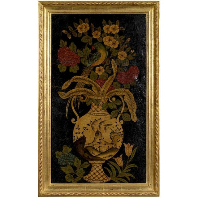 Parrots with Flowers in Chinoiserie Vases, circa 1750, vegetable dye on leather, 31 x 17-5/8 in. (sight); matching modern...