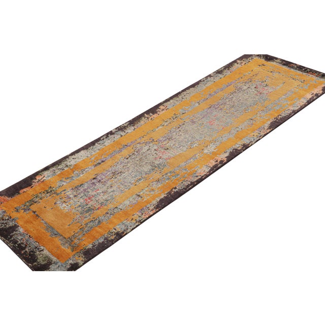 Rug & Kilim Rug & Kilim’s Modern Abstract Runner in Blue With Gold Patterns For Sale - Image 4 of 7