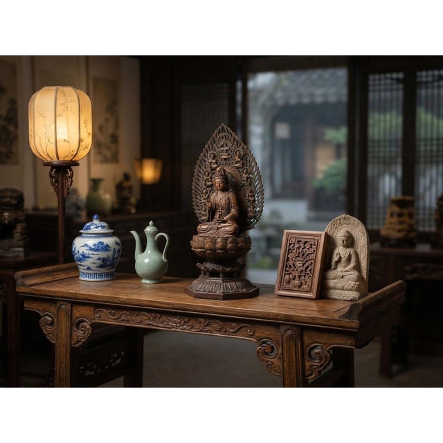 Crafted with exceptional intricacy, this vintage wooden Buddhist altar fixture features a detachable, highly detailed...