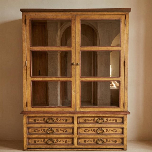 Spanish Revival Vintage Dupuis Mexico Artisan Carved Distressed Pine Hutch & Buffet Cabinet For Sale - Image 3 of 8
