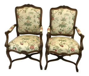 1980s Vintage Regal Carved Fruitwood French Style Bergere Armchairs- A Pair