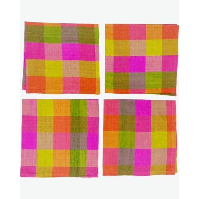 Vintage Mid-Century Modern Pink Silk Gingham Plaid Cocktail Napkins - Set of 4 For Sale - Image 10 of 10