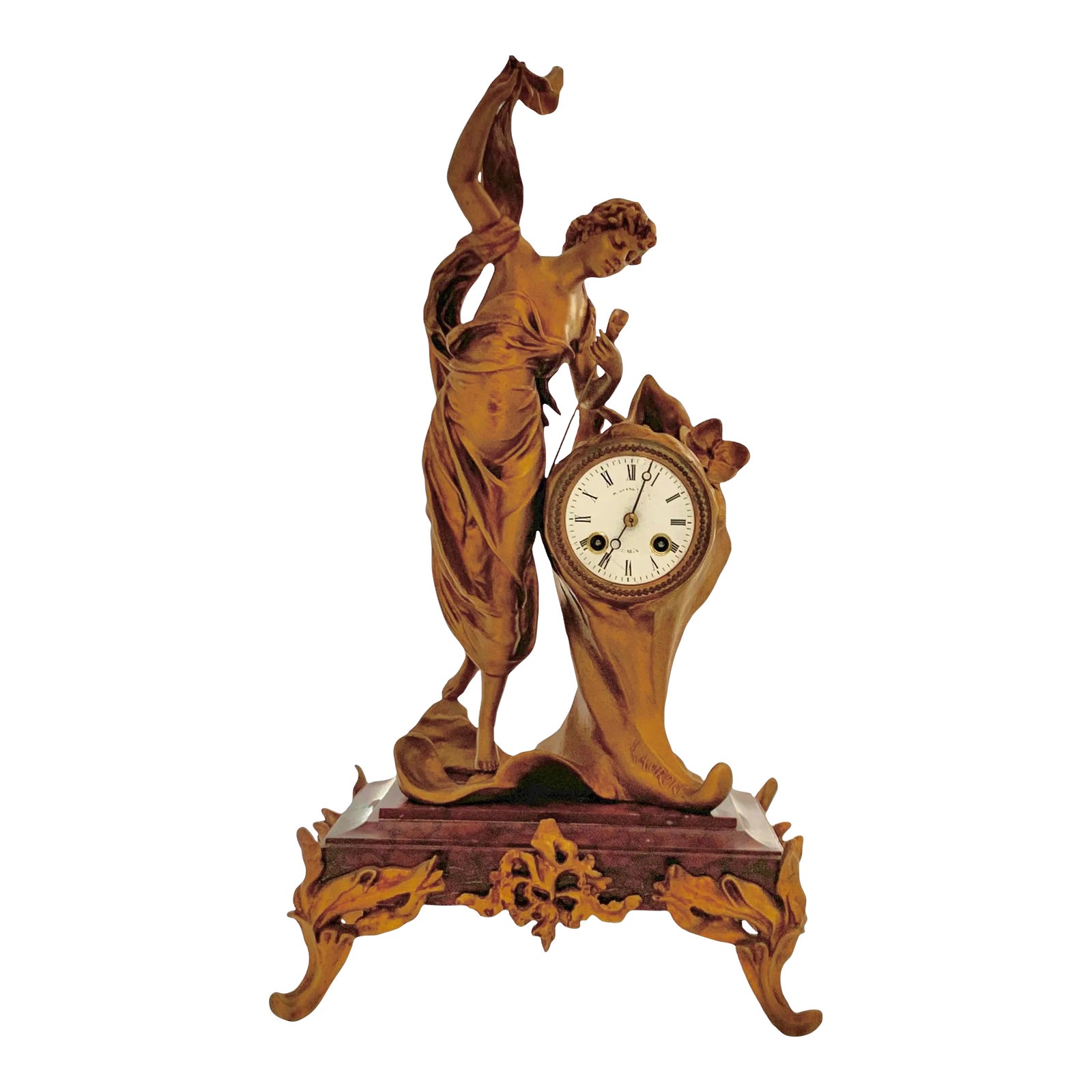Antique Mantel Clock Lady Figure on Marble Base French Laurore Art