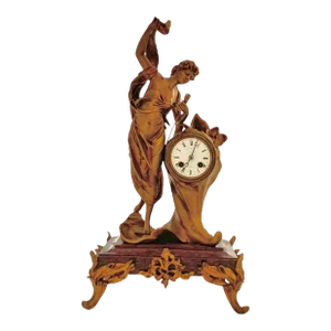 Antique Mantel Clock Lady Figure on Marble Base French Laurore Art Nouveau Style