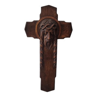 Antique Art Deco Hand Carved Oak Crucifix Face of Jesus Wall Cross 25" Tall For Sale