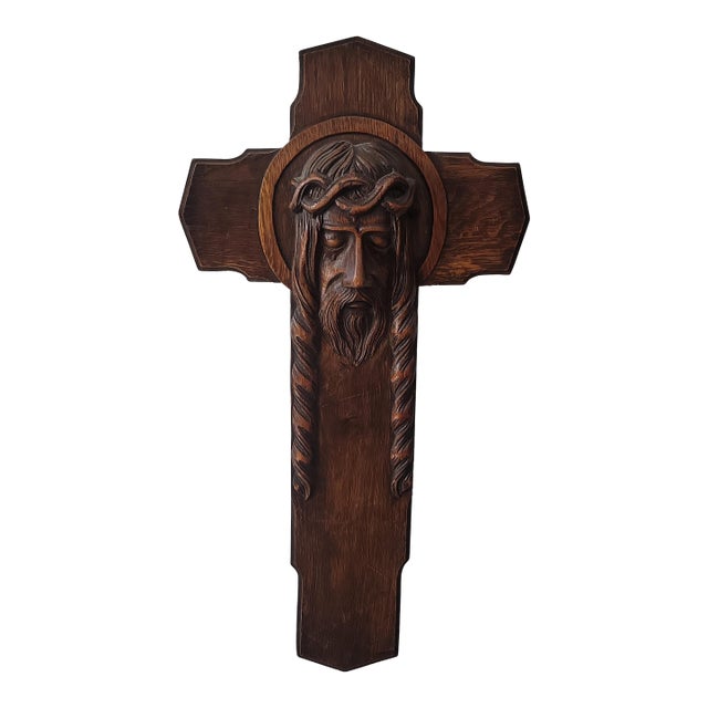 Antique Art Deco Hand Carved Oak Crucifix Face of Jesus Wall Cross 25" Tall For Sale
