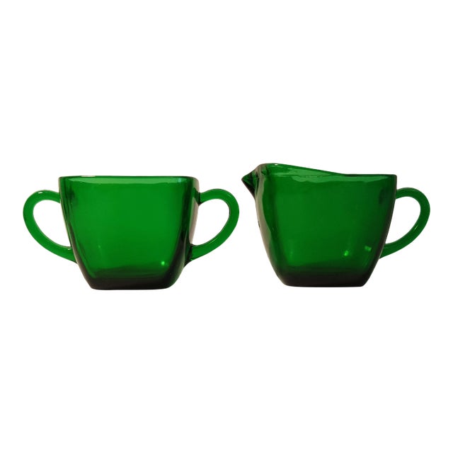 1950s Anchor Hocking Forest Green Cream and Sugar - Set of 2 For Sale