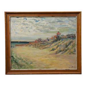 Early 20th Century Antique Coastal Seascape Landscape Port Dock Sand Dune Oil Painting 34", Framed