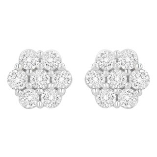 14K White Gold 1.0 Cttw Prong Set Round-Cut Diamond Floral Stud Earrings (H-I Color, I1-I2 Clarity) For Sale