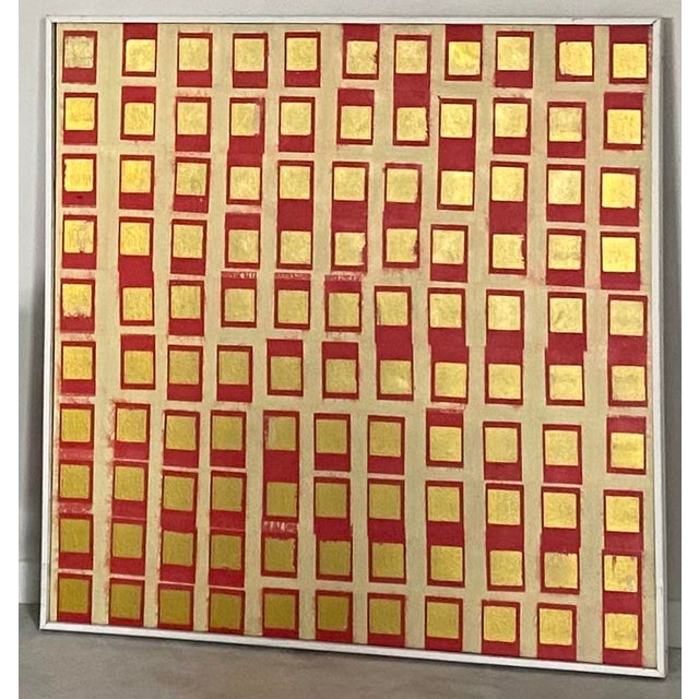 Handmade gold foil paper art piece in Minimalist painted wood frame. Piece is by Texas architect and CONTEXTvintage...