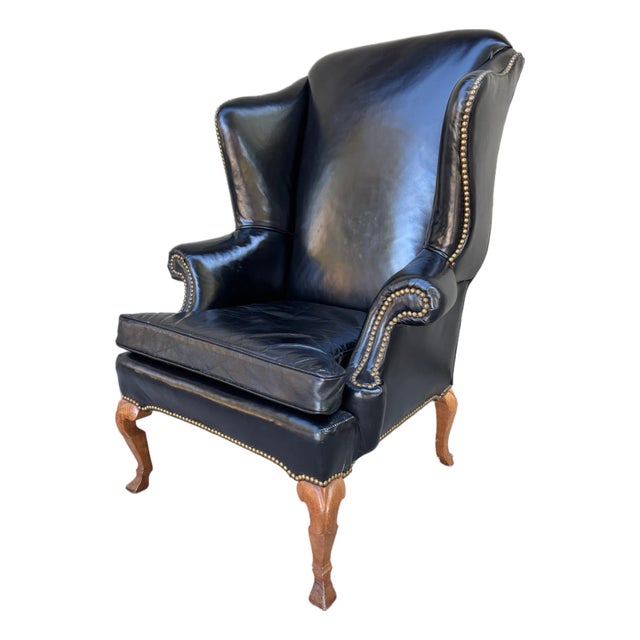 Vintage Antique Leather Nailhead Brass Wing Back Chair Library Baker Hancock Era For Sale