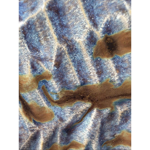 1980s Signed Studio Pottery Flask 7.5” Blue & Amber Textured Art Pottery w Cork For Sale In Los Angeles - Image 6 of 7