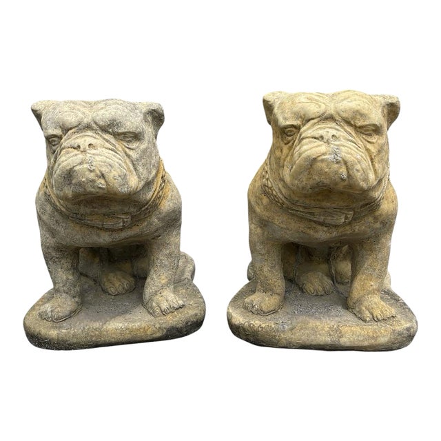 A Pair of Vintage Cast Stone English Bulldog Statuary For Sale