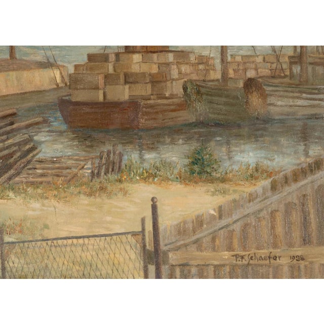Industrial Original p.f. Schaefer Industrial Chic Oil Painting of Shipyards For Sale - Image 3 of 3