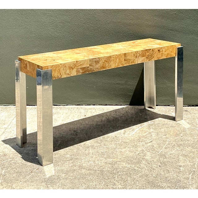 Vintage Laminate Burl Wood and Chrome Console Table For Sale - Image 18 of 18