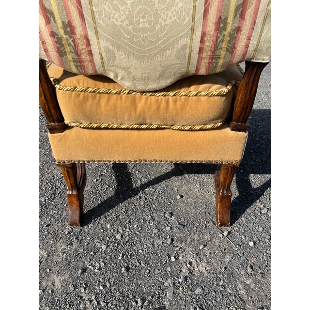 Vintage French Regence Gold Velvet Armchair With Embroidered Crest & Damask Back For Sale In New York - Image 6 of 14