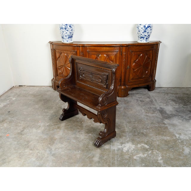 Italian 19th Century Walnut Hall Bench with Carved Back and Large Volutes For Sale - Image 11 of 12