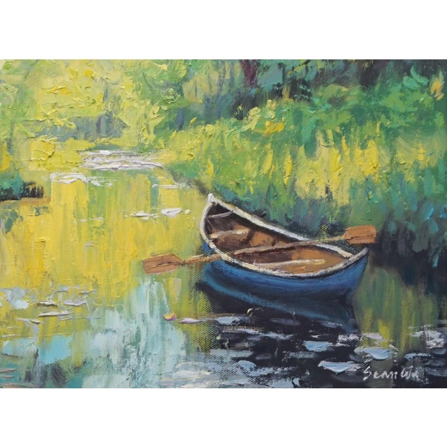 Impressionist Original Oil Landscape, Pond and Small Boat For Sale - Image 3 of 5