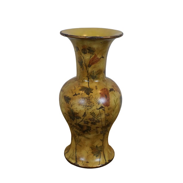 Chinoiserie Late 20th Century Chinoiserie Painted Yellow Floral Porcelain Ceramic Flower Vase Mantel Urn For Sale - Image 3 of 11